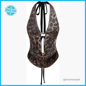 Cheetah Print Sequin Corset Halter Top Y2K Tie Back Crop Party Wear